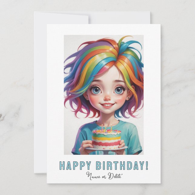 *PHOTO NAME Birthday Card Girl Cake Rainbow Einladung (Vorderseite)
