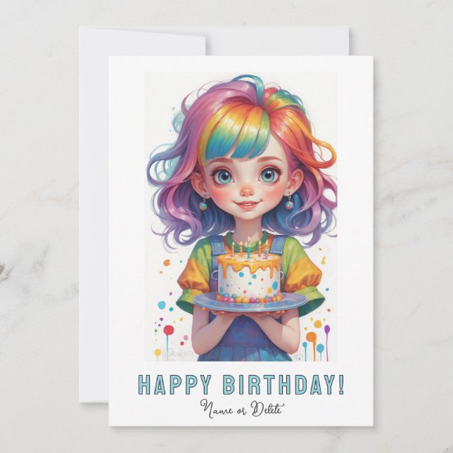 *PHOTO NAME Birthday Girl Cake Rainbow Red Hair Einladung (Vorderseite)