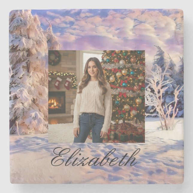 Photo Name Winter Scenery Purple Pink Watercolor  Steinuntersetzer (Vorderseite)