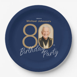 Photo Navy Blue Gold Elegant Custom 80th Birthday Pappteller