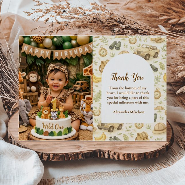 Photo Neutral Safari Animals Wild One First Birthd Dankeskarte (Von Creator hochgeladen)