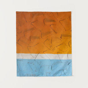 Photo of orange, white, and blue artwork wandteppich