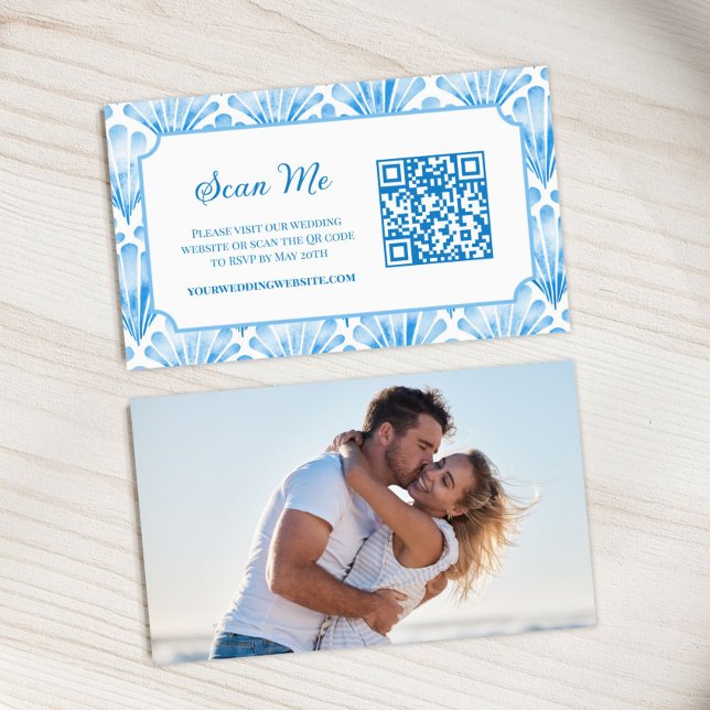 Photo Online RSVP QR Code Blue Seashell Watercolor Begleitkarte (Photo Online RSVP QR Code Blue Seashell Watercolor Enclosure Card)