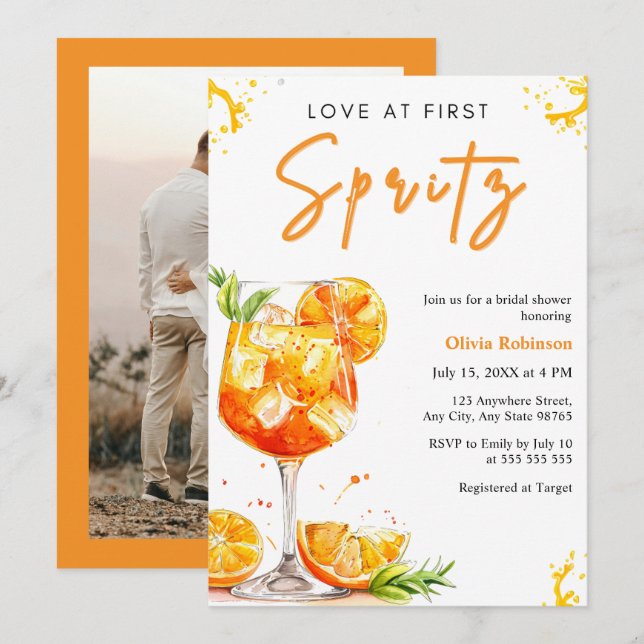 Photo Orange Love at First Spritz Bridal Shower Einladung (Vorne/Hinten)