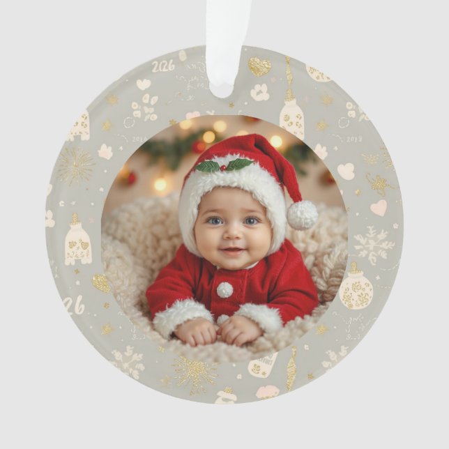 Photo Ornament – Gold Hearts, Bottles & Paw Prints (Vorderseite)