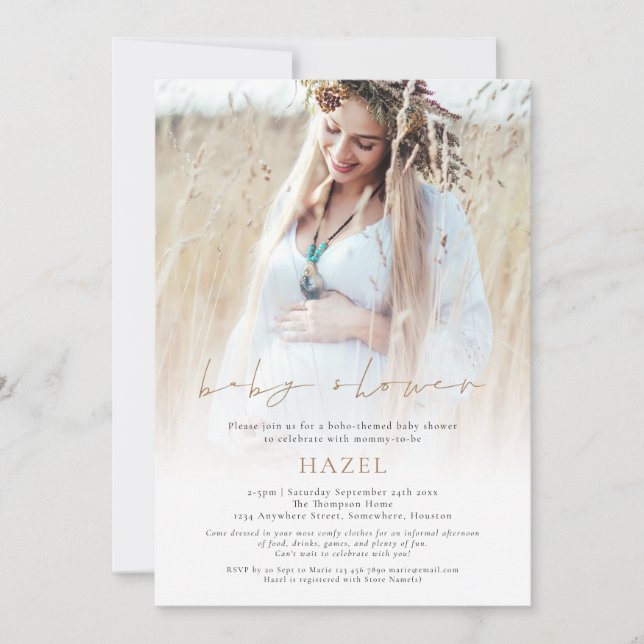 Photo Overlay Gold Script Bohemian Baby Shower Einladung (Vorderseite)