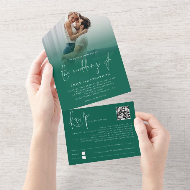 Photo Overlay QR Code Emerald Green Script Wedding All In One Einladung (Abreißen)