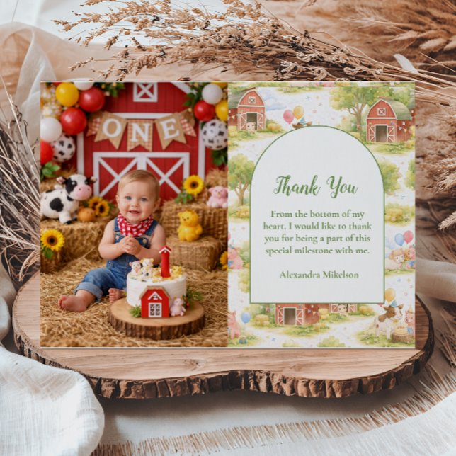 Photo Pastel Farm Animals Barnyard 1st Birthday Dankeskarte (Von Creator hochgeladen)