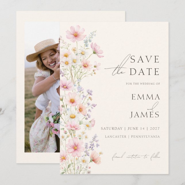Photo Pastel Wildflowers Wedding Save the Date  Einladung (Vorne/Hinten)