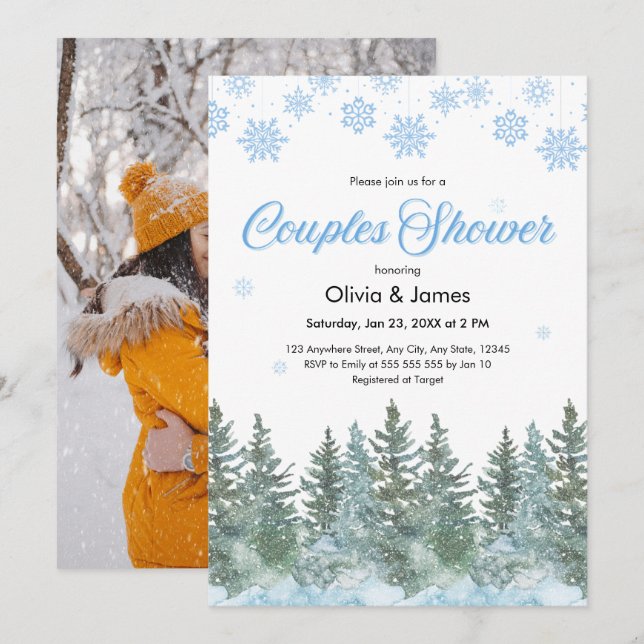 Photo Pine Winter Snowflakes Couples Bridal Shower Einladung (Vorne/Hinten)