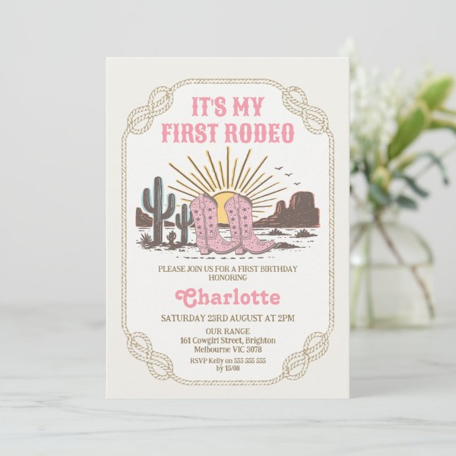 Photo Pink Cowgirl Its My First Rodeo 1st Birthday Einladung (Stehend Vorderseite)