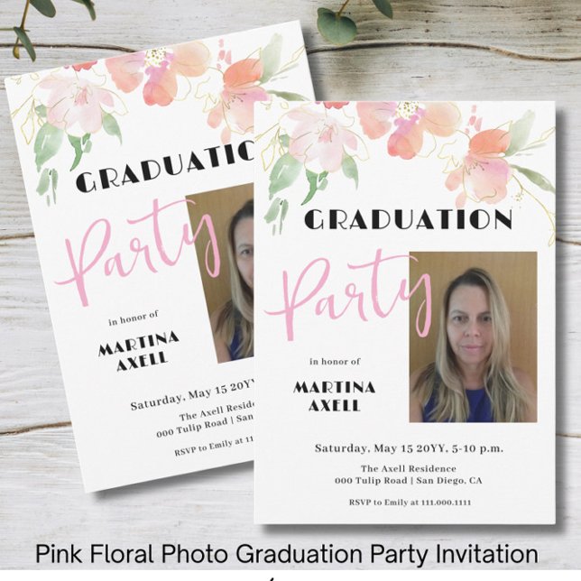 Photo Pink Floral Graduation Party Invitation Einladung (Von Creator hochgeladen)