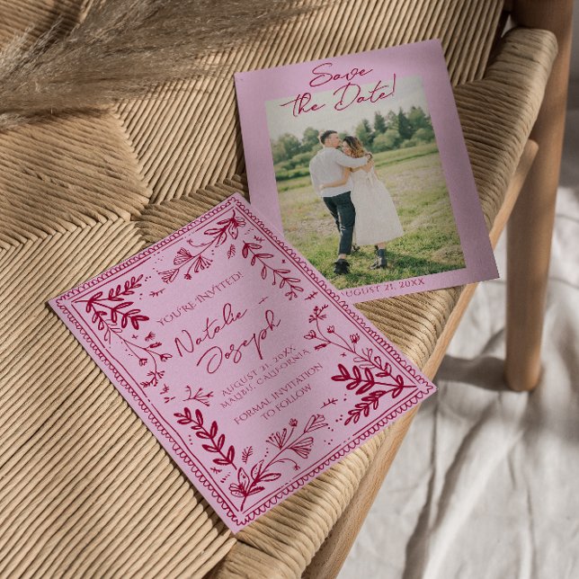 Photo Pink Raspberry Drawn Floral Save The Date (Von Creator hochgeladen)