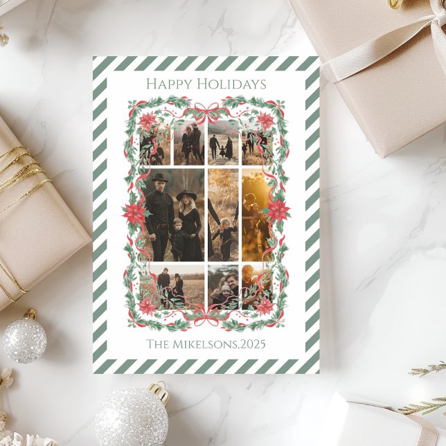 Photo Poinsettia Botanical Stripe Christmas Feiertagskarte (Von Creator hochgeladen)