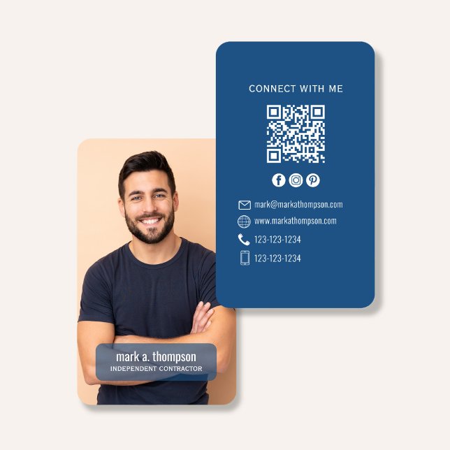 Photo QR Code Connect With Me Blue Modern Visitenkarte (Blue QR code contact card with photo and clean corporate style design)