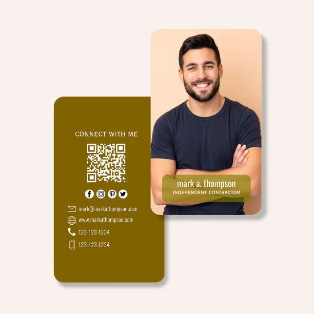 Photo QR Code Connect With Me Mustard Modern Visitenkarte (Modern mustard QR code business card with photo and clean professional layout)