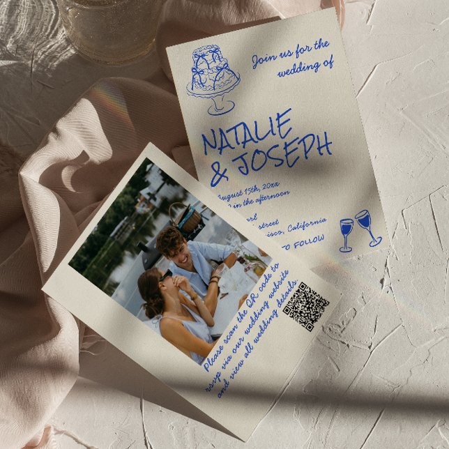 Photo QR Code Hand Drawn Blue Cake Bows Wedding  Einladung (Von Creator hochgeladen)