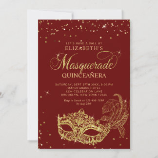 Photo Red Gold Glitter Masquerade Quinceañera Einladung