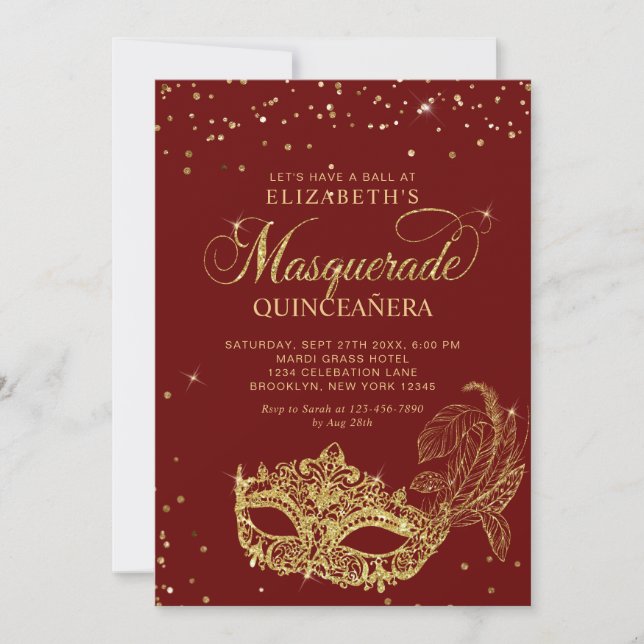Photo Red Gold Glitter Masquerade Quinceañera Einladung (Vorderseite)
