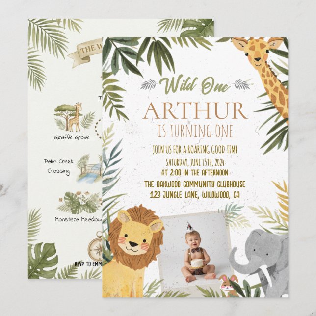 Photo Safari Wild One 1st Birthday Invite Einladung (Vorne/Hinten)