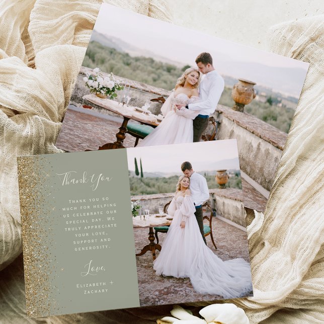 Photo Sage Green Gold Glitter Script Wedding Dankeskarte (Von Creator hochgeladen)