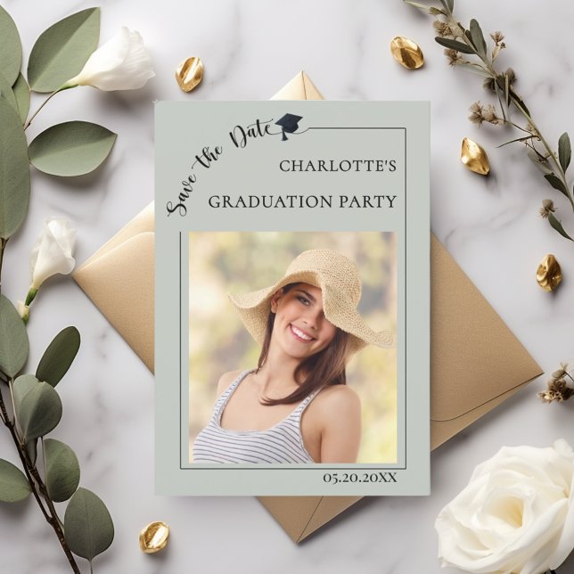 Photo sage green Graduation party Save the Date (Von Creator hochgeladen)