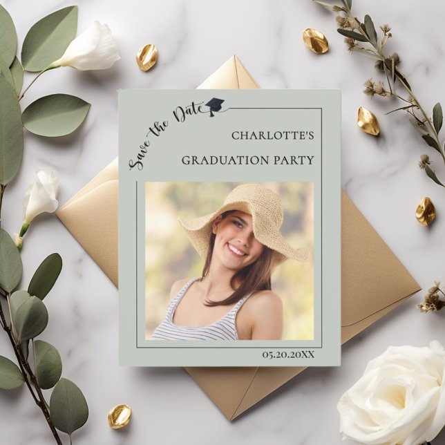 Photo sage green Graduation Save the Date card (Von Creator hochgeladen)