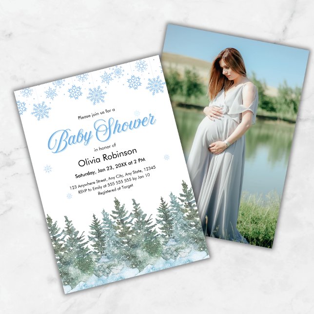 Photo Snowflakes Pine Trees Winter Baby Shower Einladung (Photo Snowflakes Pine Trees Winter Baby Shower Invitation )