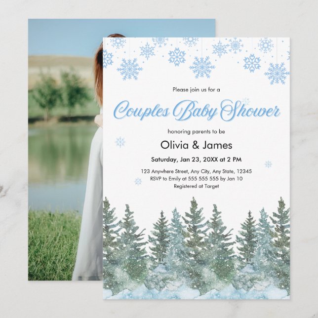 Photo Snowflakes Pine Winter Couples Baby Shower  Einladung (Vorne/Hinten)