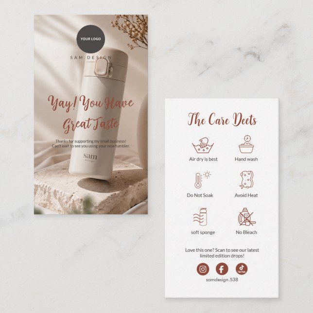 Photo Tumbler Care Instruction Thank You Card Logo Visitenkarte (Vorne/Hinten)