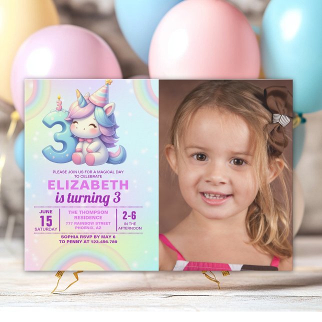 Photo Unicorn 3rd Birthday – Rainbow Girl party Einladung (Von Creator hochgeladen)