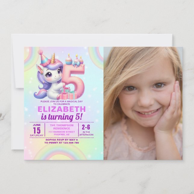 Photo Unicorn 5th Birthday – Rainbow Girl party Einladung (Vorderseite)