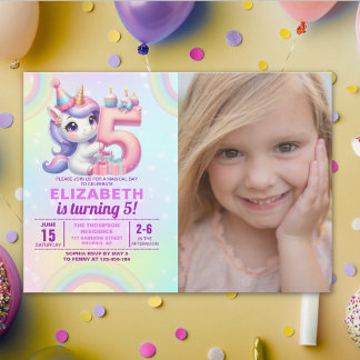 Photo Unicorn 5th Birthday – Rainbow Girl party Einladung