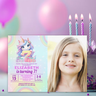 Photo Unicorn 7th Birthday – Rainbow Girl  Einladung