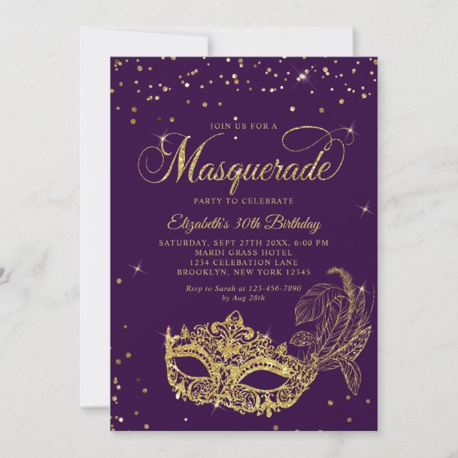 Photo Violet Gold Glitter Masquerade Birthday Einladung (Vorderseite)