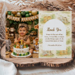 Photo Watercolor Safari Animals First Birthday Dankeskarte<br><div class="desc">A soft and charming safari-themed design featuring gentle watercolor animals surrounded by delicate wildflowers and botanical greenery. Sweet lions, giraffes, elephants, and zebras create a whimsical storybook scene in warm neutral tones of beige, cream, and soft sage. The elegant arch layout and botanical details give this design a timeless and...</div>