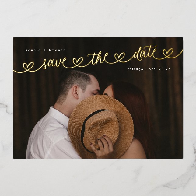 Photo Wedding Website Gold Hearts Save The Date Folieneinladung (Vorderseite)