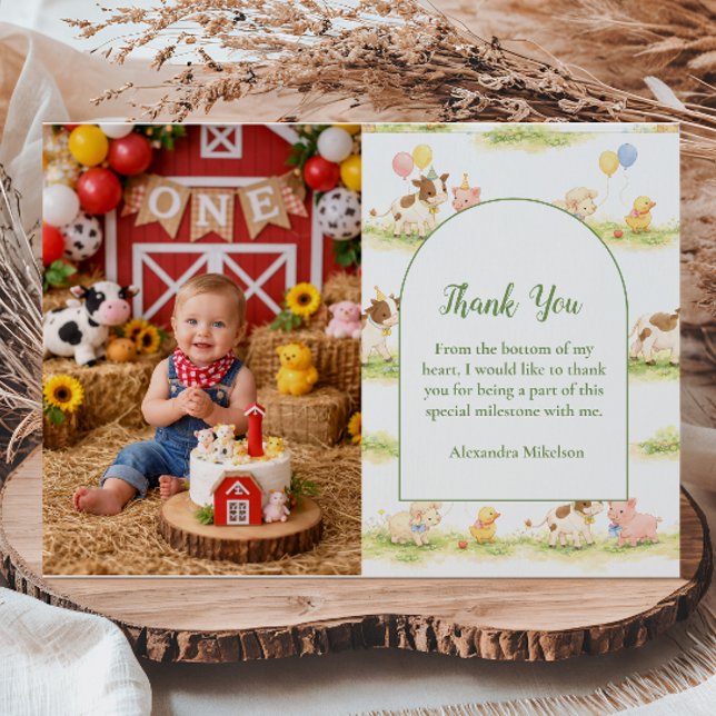Photo Whimsical Farm Animals Pastel 1st Birthday Dankeskarte (Von Creator hochgeladen)