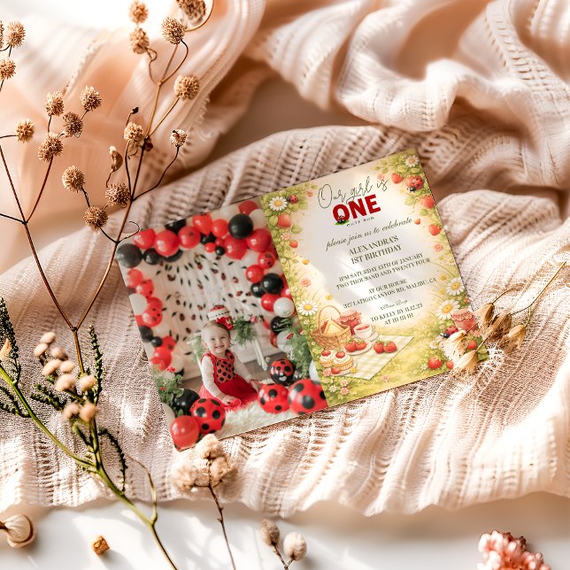 Photo Whimsical Meadow Lady Bug 1st Birthday Einladung (Von Creator hochgeladen)