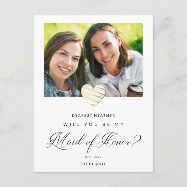Photo Will You Be My Maid of Honor White Heart Postkarte (Vorderseite)