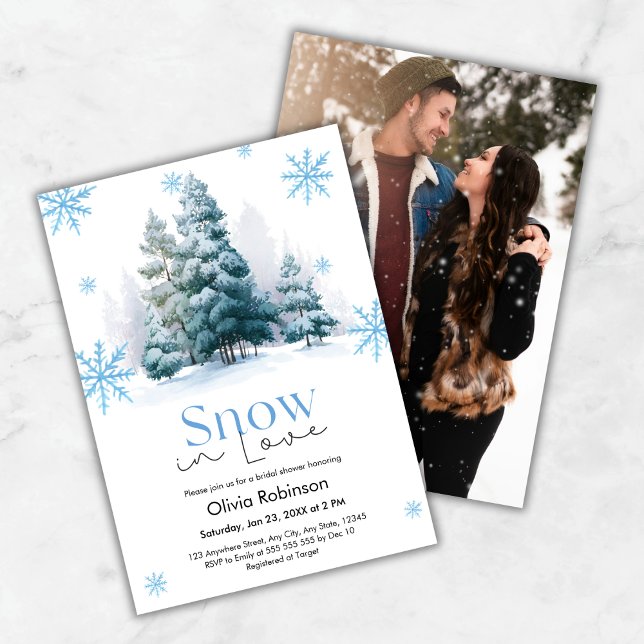 Photo Winter Snow in Love Snowflakes Bridal Shower Einladung (Photo Winter Pine Trees Snow in Love Snowflakes Bridal Shower Invitation  )
