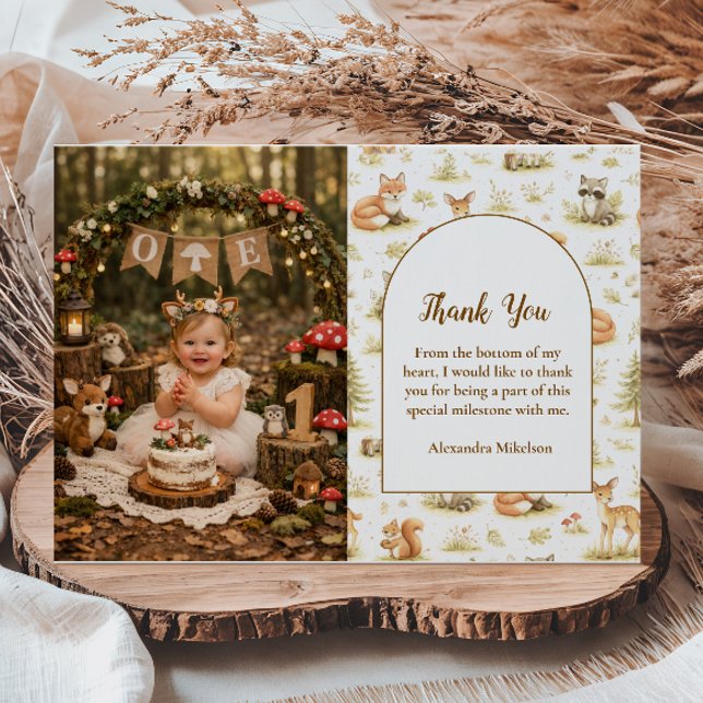 Photo Woodland Animals Wild One Birthday Dankeskarte (Von Creator hochgeladen)