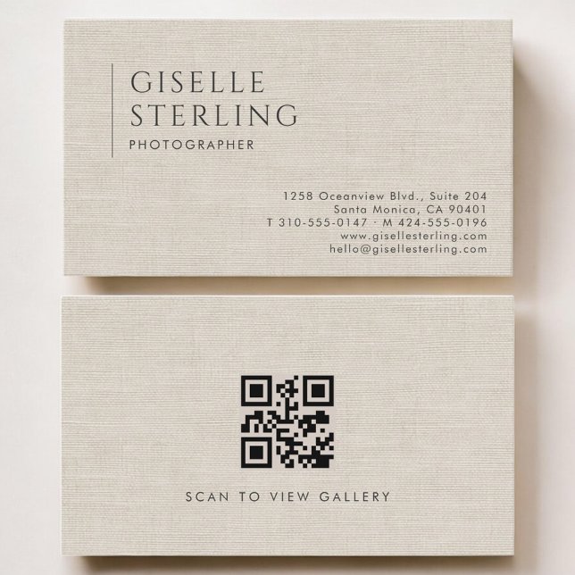 Photographer Luxury Neutral Linen QR Code Visitenkarte (Von Creator hochgeladen)