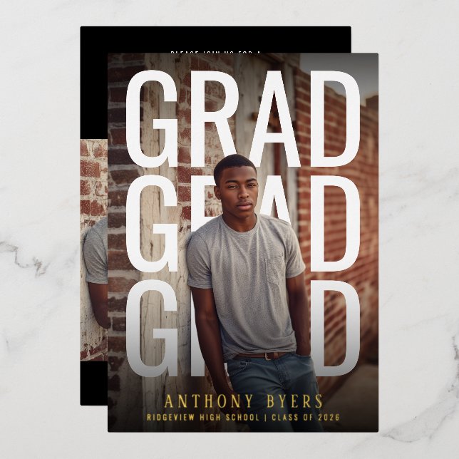 PhotoPop Bold Typography Graduation Party Folieneinladung (Vorderseite/Rückseite)