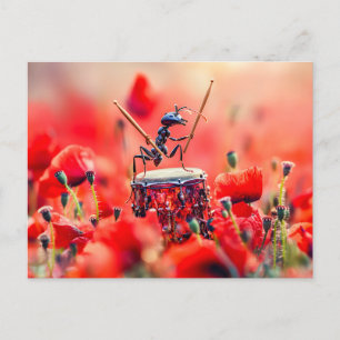 Photorealistic Ant Playing Drums in a Poppy Field Postkarte