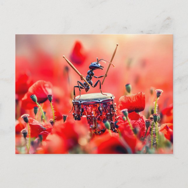 Photorealistic Ant Playing Drums in a Poppy Field Postkarte (Vorderseite)