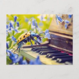 Photorealistic Oil Beetle Playing Piano Among Blue Postkarte