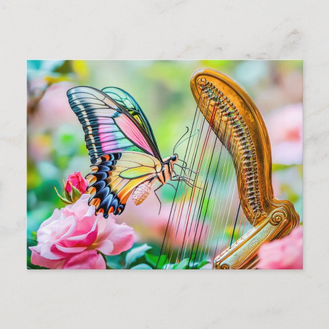 Photorealistic Swallowtail Butterfly Playing Harp  Postkarte (Vorderseite)