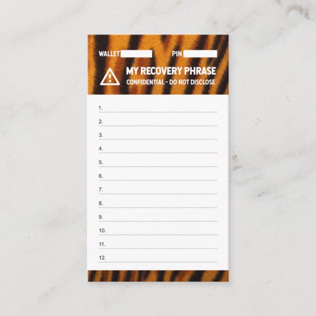 Phrase 12 der Erholung "Crypto Wallet Tiger" Visitenkarte (Vorderseite)