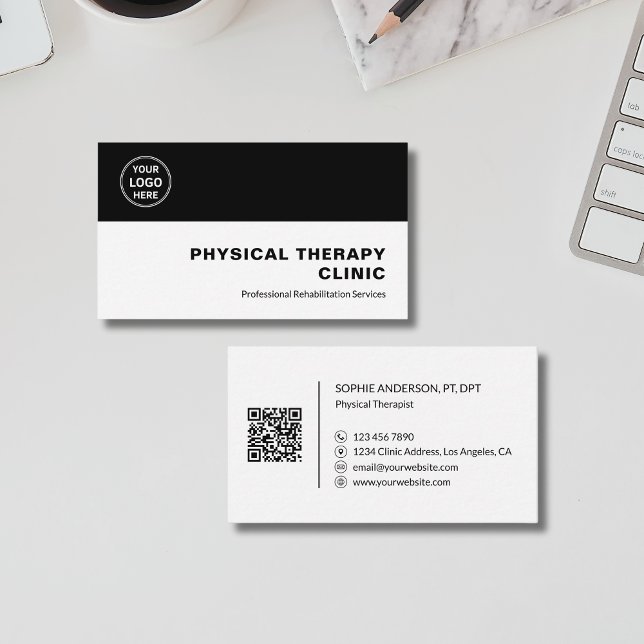 Physical Therapy Clinic Professional Logo QR Black Visitenkarte (Physical Therapy Clinic Professional Logo QR Black Business Card)